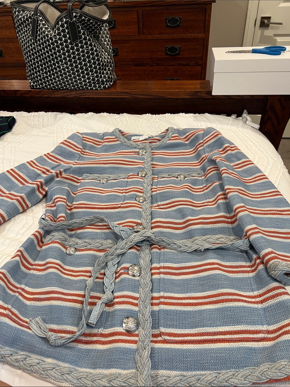Veronica Beard Striped Knit Cardigan in Light Blue, Rust & Cream